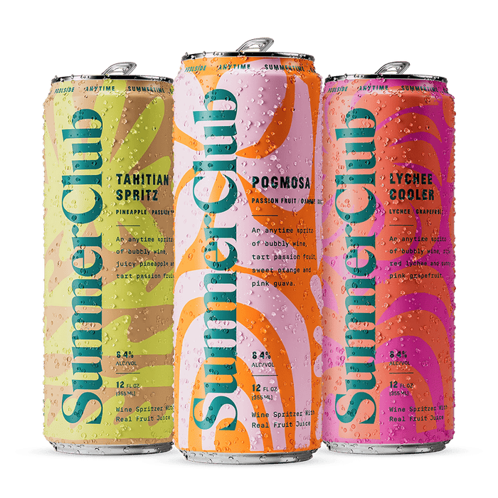 Three colorful cans of Summer Club drinks.